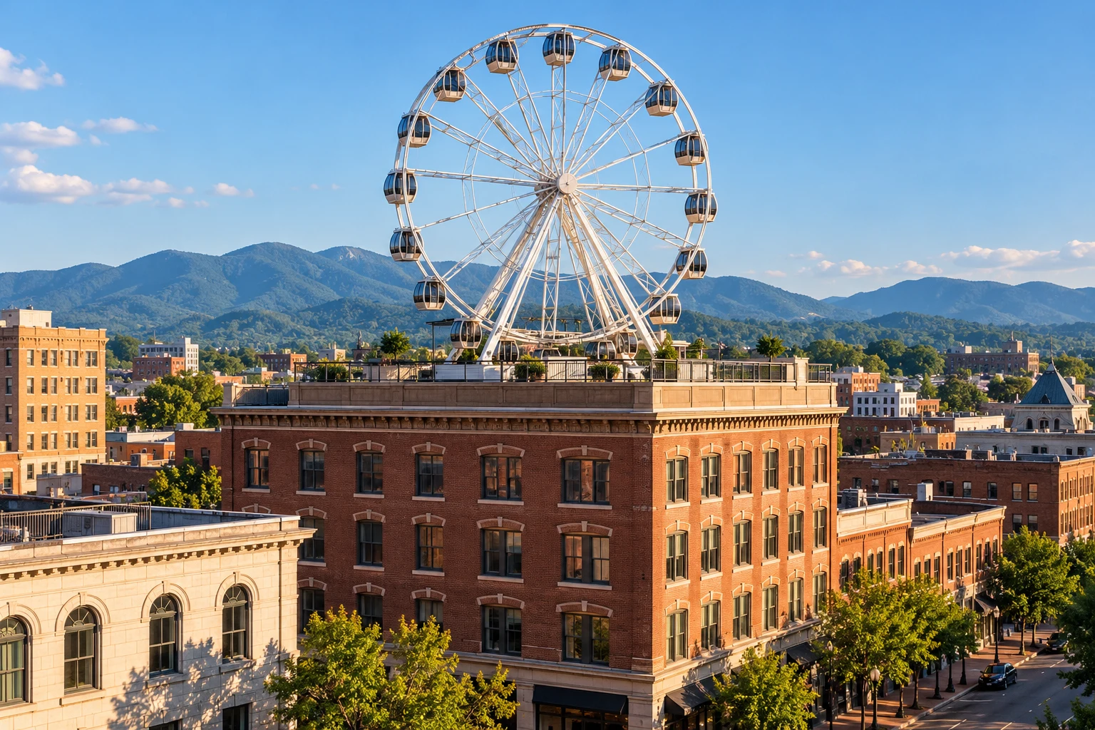 Concept image of a Ferris wheel on a downtown brick building rooftop, with mountains in the distance.